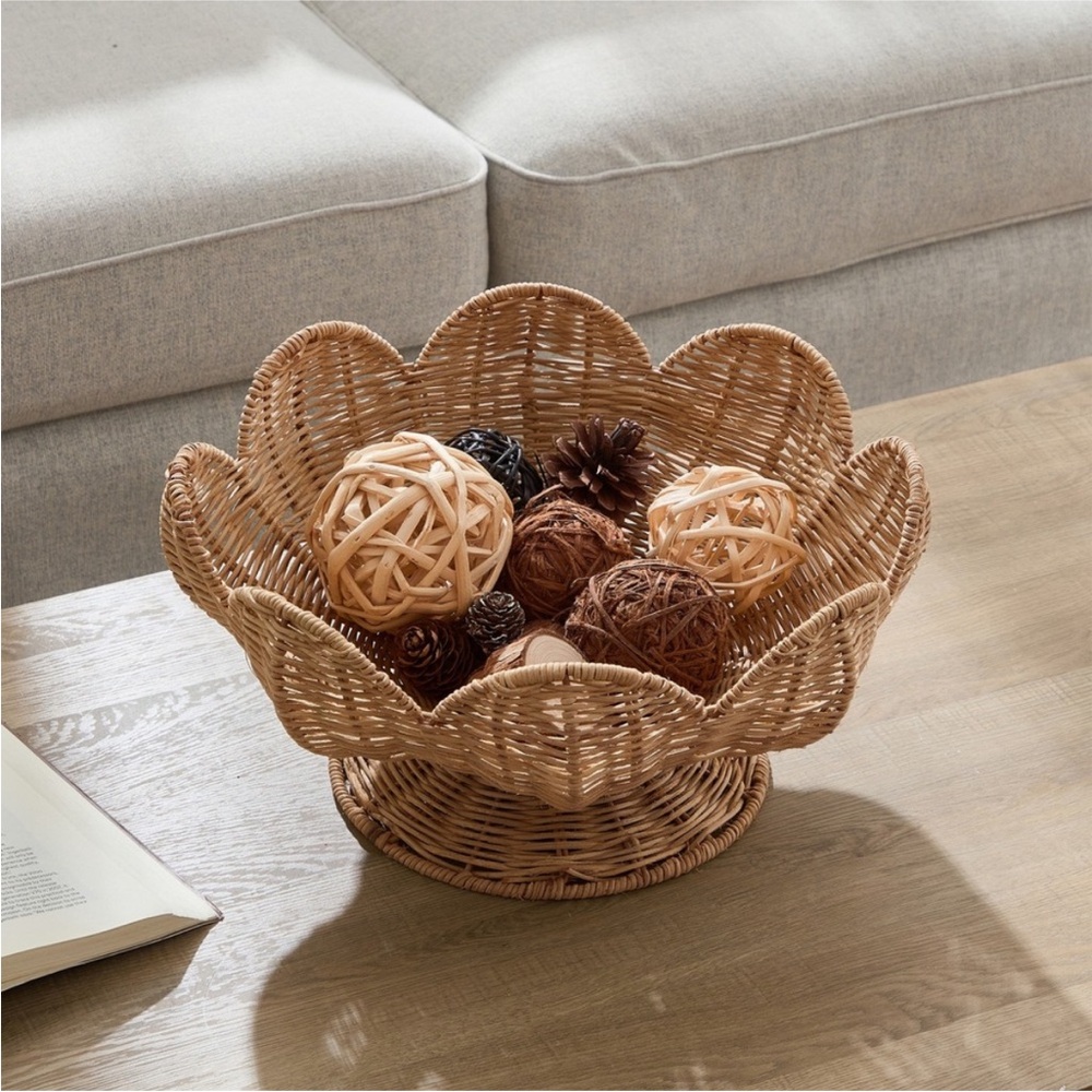 13.5" Scalloped Rattan Pedestal Bowl - Home Decor Collection - Picture 2 of 5